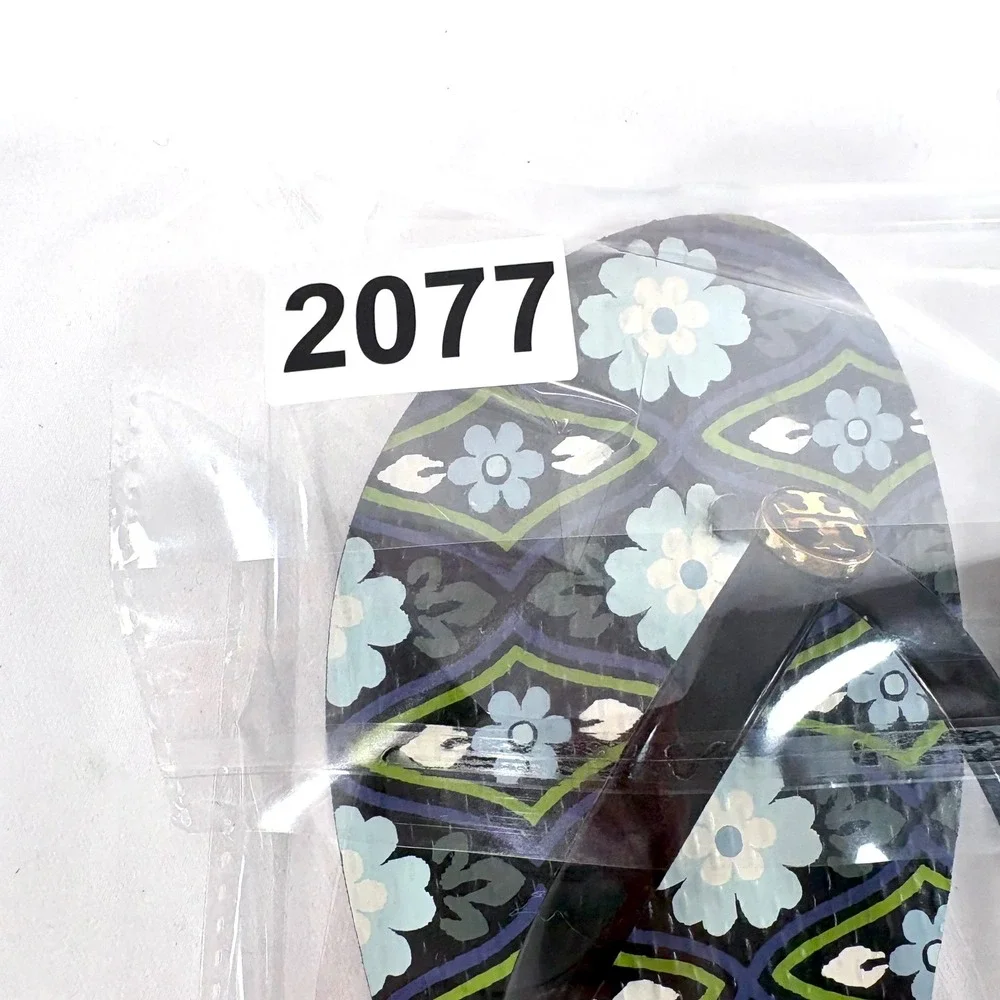 Tory Burch Flip Flop Sandals Black Floral Logo Thong Rubber Shoes Women Sz 9